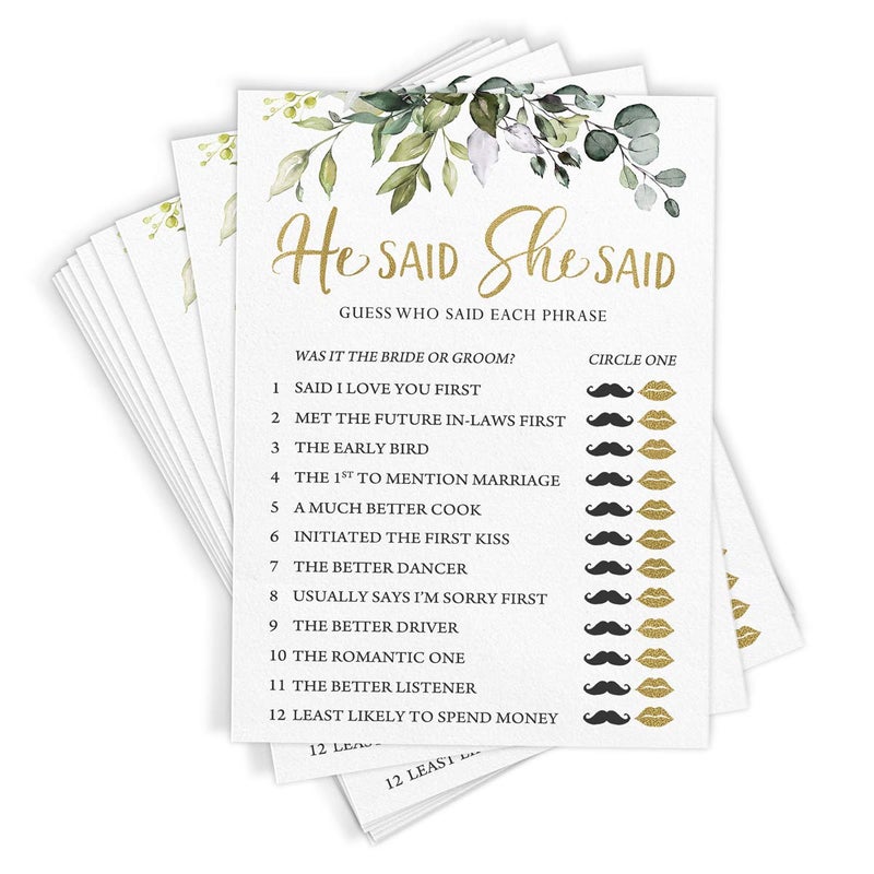 Printed Party Bridal Shower Games â€“ He Said She Said Game with Fun Bride and Groom Trivia, Wedding Shower Activity, Botanical Eucalyptus Theme, 50 Guests - Image 1